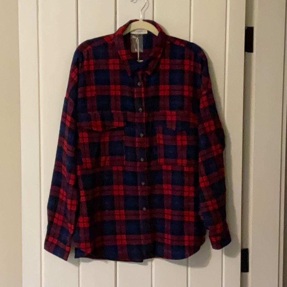 “By Together” oversized flannel shirt/Shacket. Size Medium. Red,blue,black plaid